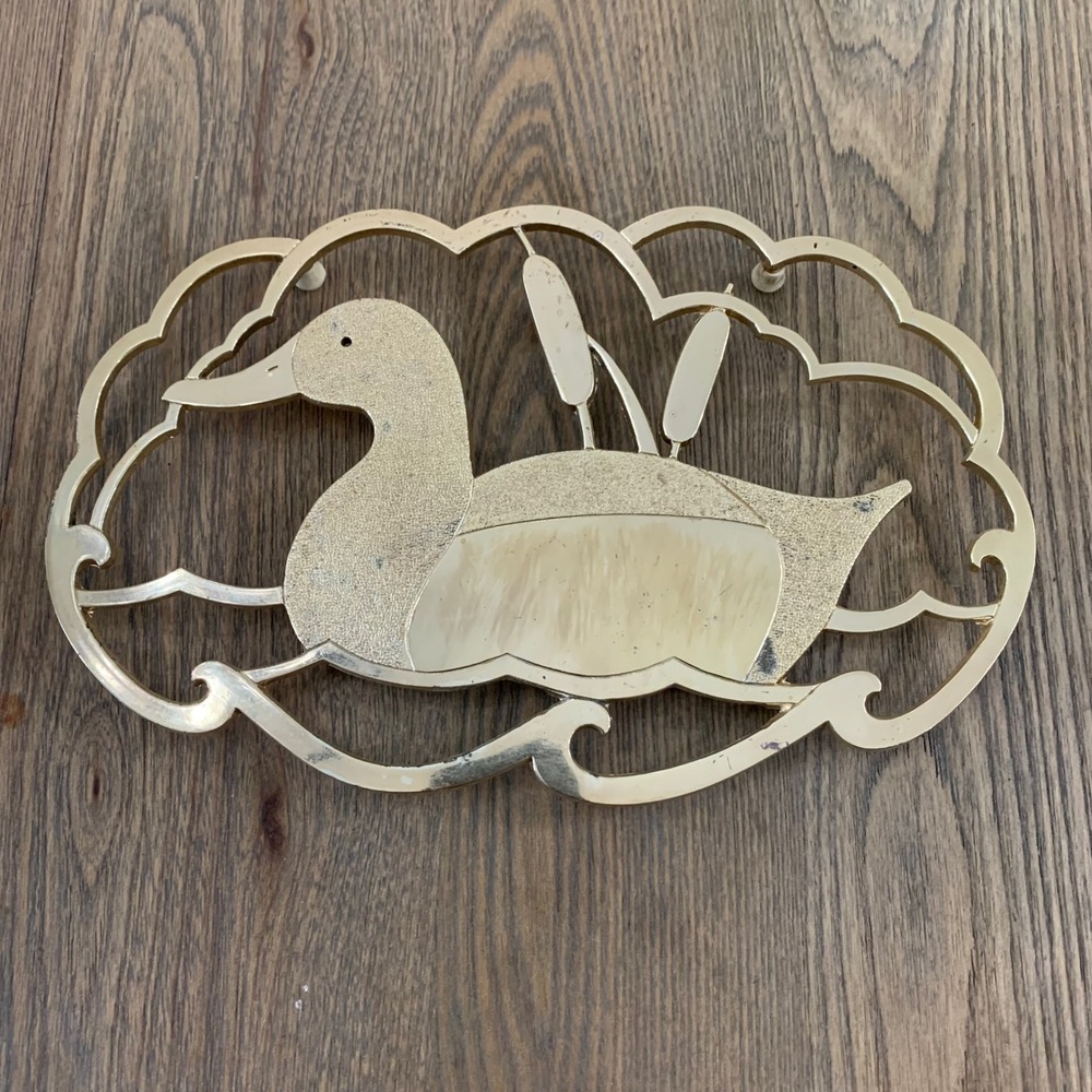 Vintage Brass Duck Trivet Wall Hanging Japan Mallard Cattails Nature Decor
